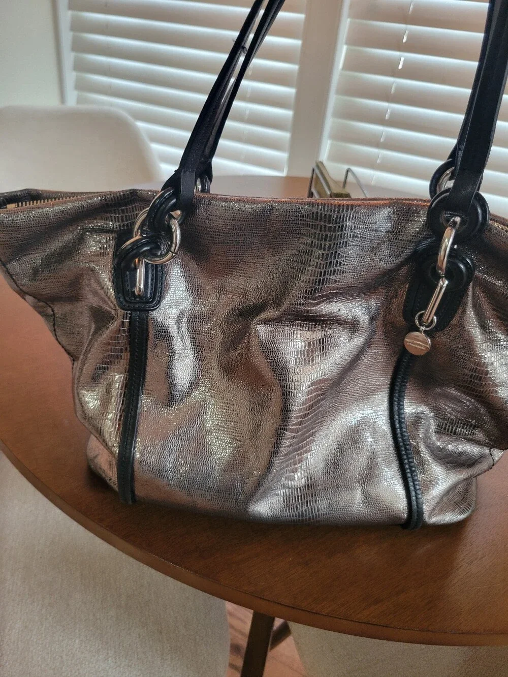 TUMI Traveler Tote Bag Metallic Silver Grey Faux Snakeskin Leather Trim Purse